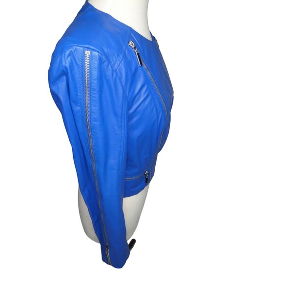 Bebe‎ Bright Blue Biker Zip Up Sleeves Leather Jacket Women's M - Picture 4 of 8